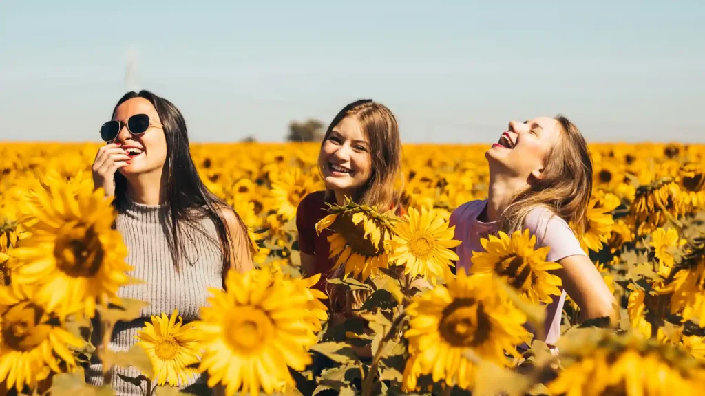 Mehr Glück und Freiheit finden, drei Frauen im Feld voller Sonnenblumen