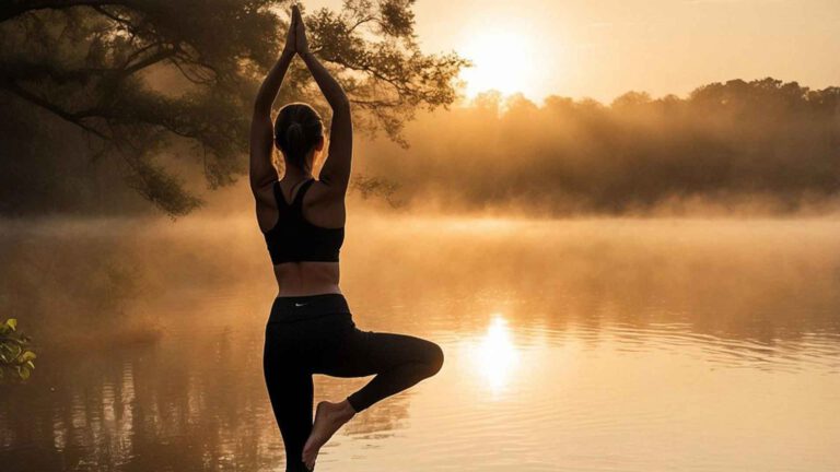 5 effektive Meditationstechniken gegen Reizüberflutung, Frau am See macht Yoga